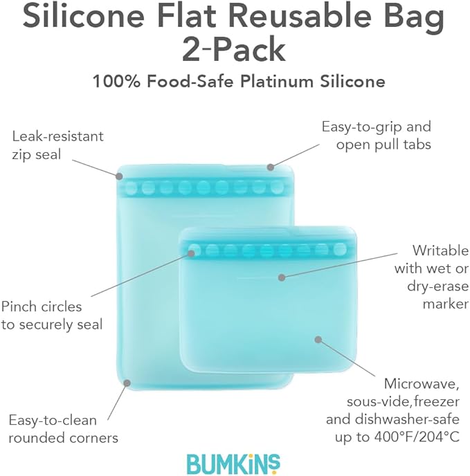 Bumkins - Silicone Snack & Sandwich Bags - For Storage, Food Prep, Lunch Bag - Reusable, Leak Resistant, Washable, Microwave, Freezer & Dishwasher Safe - 2 pack - Blue