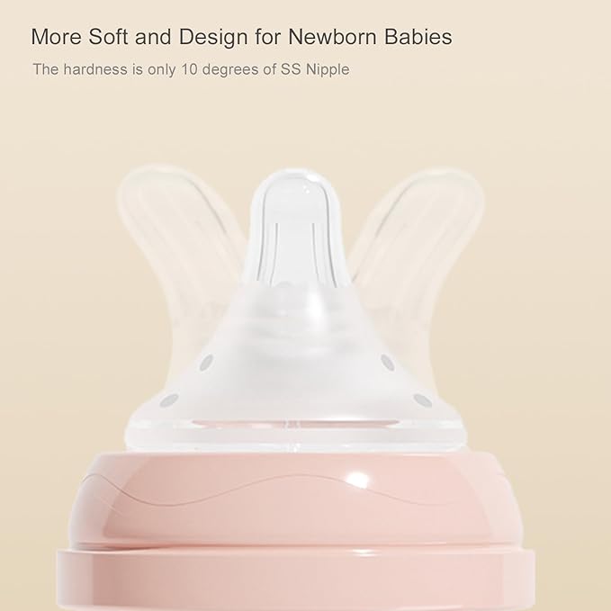 Gulicola Natural Glass Baby Bottle 4 Pack, Newborn Breastfeeding Bottles Set, Extra Slow Flow Nipples (SS), Anti Colic, 0 Months+, 5 oz - Pink