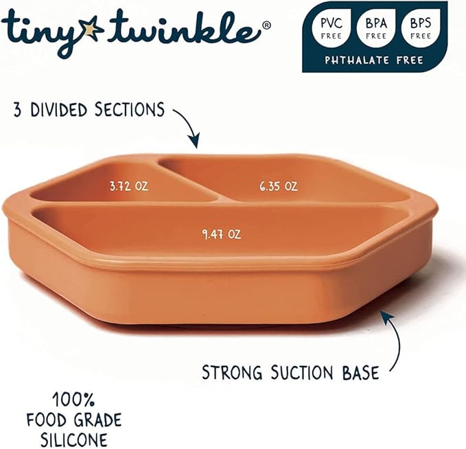 Tiny Twinkle Silicone Suction Baby Plate, Suction Grip Divided Dish for First Foods and Self-Feeding Toddlers, Baby Led Weaning Supplies for Independent Eating (Sand Plate with Lid)