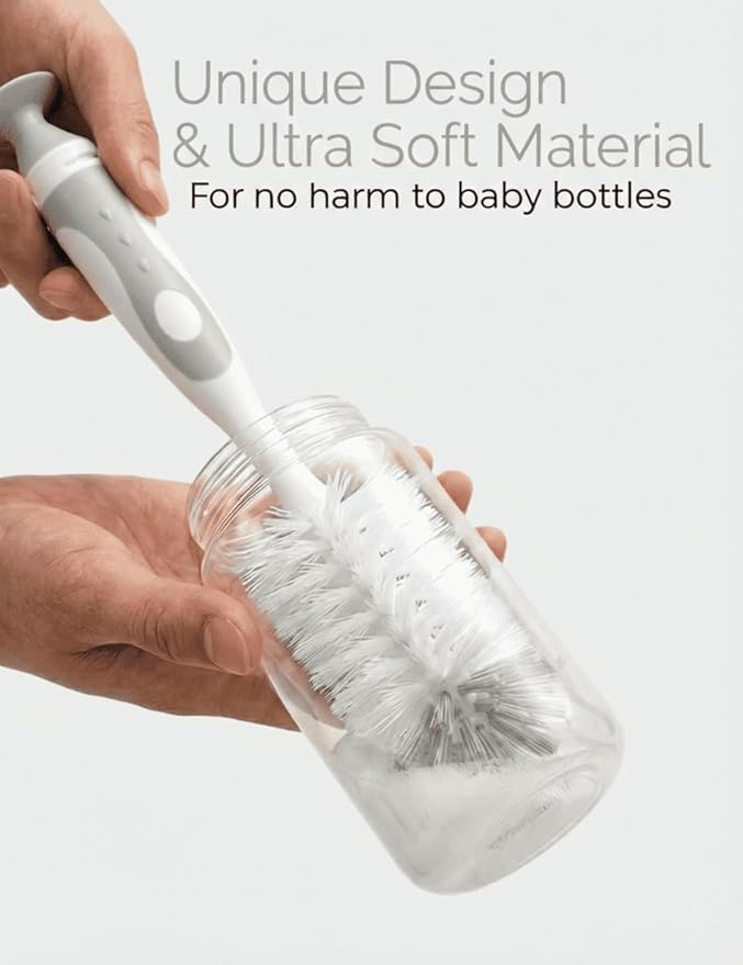 Baby Bottle Brush Set 4 in 1, Baby Bottle Cleaner, with 1P Nylon Bottle Brush, 1P Bottle Cap Brushes, 2P Straw Brushes, Bottle Brush with Nipple Cleaner and Suction Cup, BPA-Free(Grey)