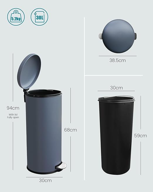 8 Gallon Trash Can, Stainless Steel Garbage Can with Soft Close Lid, Removal Liner, Pedal Trash Can Round Tall Trash bin for Kitchen, Office, Living Room or Bathroom, Grey