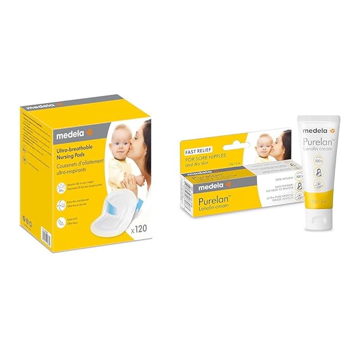 Medela 120 Count Ultra-Breathable Nursing Pads and Purelan Lanolin Nipple Cream Breastfeeding Bundle