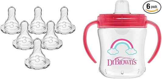 Dr. Brown's Baby Bottle Nipples and Sippy Cup, Level 3 Medium-Fast Flow 100% Silicone Nipples 6 Pack and Transition Cup with Soft Spout