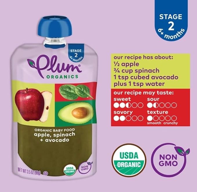 Plum Organics - 6+ Months Organic Baby Food - Apple, Spinach, & Avocado - Non-GMO - Fruit & Veggie Blends On-The-Go Pouches for Baby & Toddler Meals - Quality Tested Ingredients - 3.5 oz (Pack Of 12)