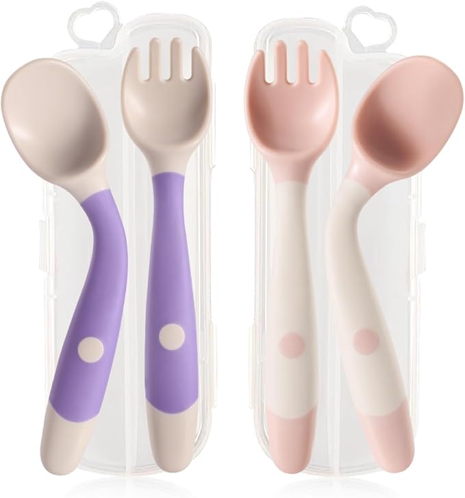 Baby Utensils Spoons and Forks Set, Bendable Toddler Flatware with Travel Case for Self-Feeding Training Utensils for Infants & Kids, Gum-Friendly Toddler Spoon and Fork (Pink+Purple, 2 Set)
