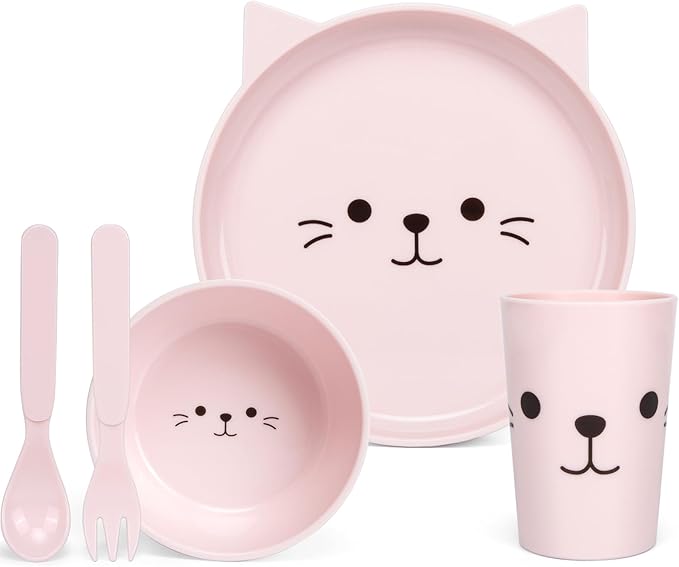 Dinnerware Set for Kids - 5-Piece Kitten-Themed Includes Plate, Bowl, Cup & Utensils | BPA-Free, Microwave & Dishwasher Safe | Ideal Gift for Girls (Pink - Kitten)