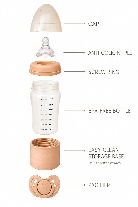Baby Bottle with Built in Pacifier Storage, 8oz 240ml, BPA Free, Anti Colic, Includes Pacifier, Medium Flow