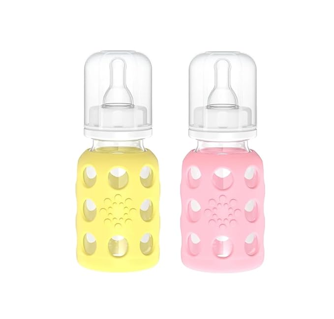 Lifefactory Glass Baby Bottle BPA Free | Protective Silicone Sleeve | 4 oz Pack of 2 | Pink, Banana