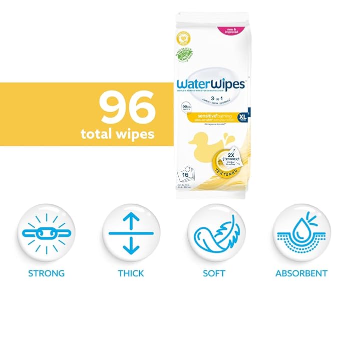 WaterWipes Sensitive+ Bathing Wipes, 3-In-1 Cleans, Cares, Protects, 99.9% Water, Unscented & Hypoallergenic, 16 Count (Pack of 6)