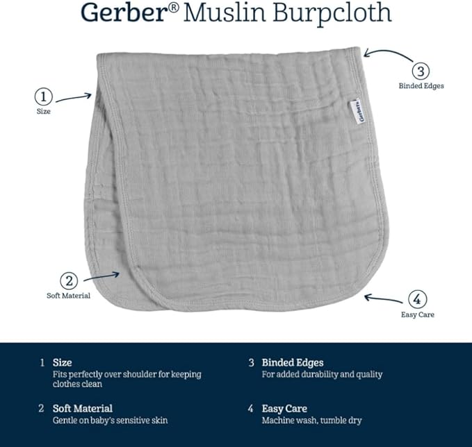 Gerber Baby Unisex Muslin Burp Cloths 5-Pack, Multi Rainbow, Large Size 20" x 10"