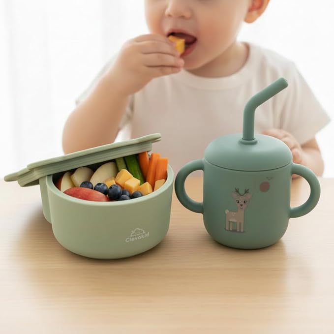 Silicone Snack & Fruits Container – Leakproof Durable and BPA-Free | for Daycare, Preschool, School, and Family Outings – Bear design 130 ML/4.4 OZ (Green Olive)