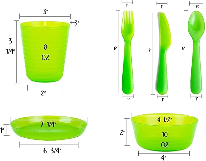 Kids Plastic Dinnerware Set of 36 Multi Color Pieces (Plates, Bowls, Cups and Flatware) - Reusable, BPA-Free, Dishwasher Safe and Microwaveable
