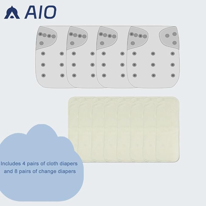 AIO Baby Cloth Diaper 4Pack with 8 Inserts Adjustable Waist Circumference Reusable for Baby Boys and Girls(0-3 Years),One Size Cloth Diaper Covers