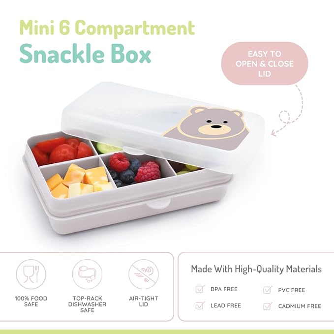melii Snackle Box | 6-Compartment Divided Snack Container, BPA-Free Food Storage with Removable Dividers for School, Travel & On-the-Go Snacking (Bear)