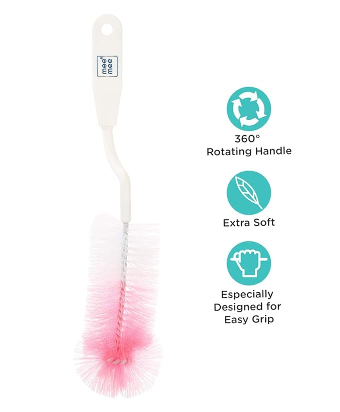 Mee Mee Easy Grip Bottle Brush Cleaner- Baby Milk Bottle Cleaner Nipple Cleaner Brush with 360* Rotating Long Handle (Pink)