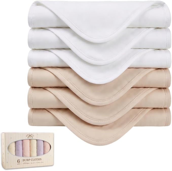 Baby Burp Cloths 6-Pack, Soft & Absorbent 100% Cotton Muslin for Newborns, Large 22x10 Inches, No Shrinkage, Ideal, CPC Certified, Safe for Babies (Nude, White)
