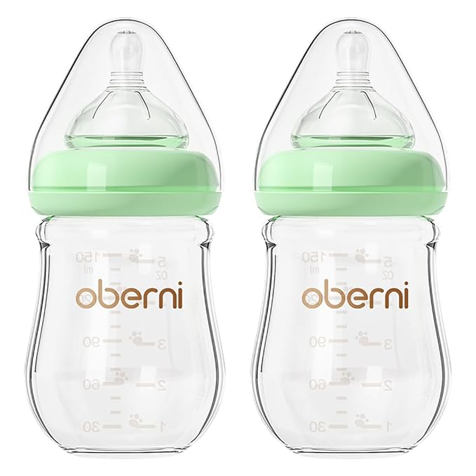 Oberni Glass Baby Bottles,Anti Colic Breastfeeding Bottle with Natural Response Nipple Size S,Wide Neck Slow Flow Baby Bottle for Baby,Newborn,Preemie 0-3 0-6 Month,BPA Free (Green, 1 Pack, 5 Ounce)