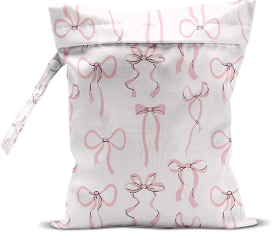 Wet Bag, Wet Dry Bag, Swimsuit Bags, Beach Essentials, Waterproof Bags for Travel, Beach, Pool, Diapers, and Dirty Yoga Gym Clothes (Pink Bow Decor)