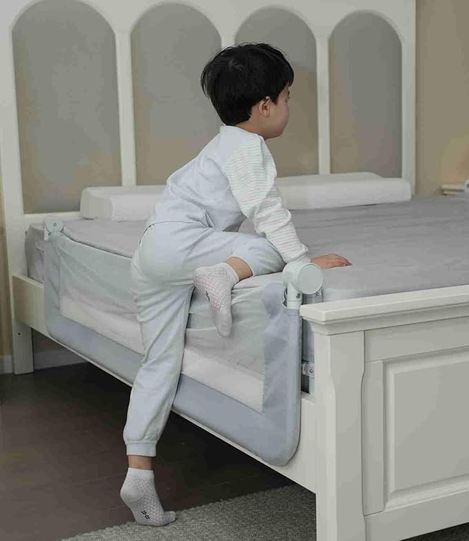 Grelife Foldable Bed Rail for Toddlers, Tall Toddler Bed Rails for Twin, Full, Queen Bed, Baby Bed Rail Guard with Reinforced Metal Frame & Breathable Mesh (1, Gray, 59.0")