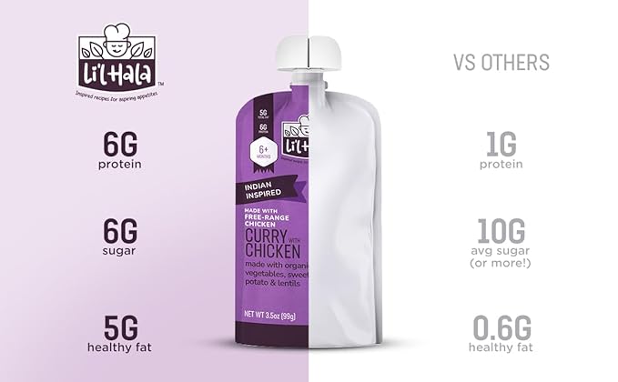 Li'l Hala Chicken Baby Food Meat Pouch | Indian Curry (12 ct) | 6+ Months Savory Baby Food Pouches with Protein and Organic Veggies, Toddler Snacks with Iron & Fiber | Stage 2 Meat Puree