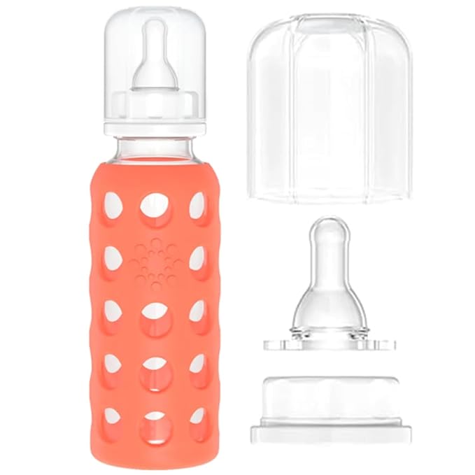 Lifefactory Glass Baby Bottle BPA Free | Protective Silicone Sleeve | 4oz/9 oz Pack of 2 | Papaya, Cantaloupe