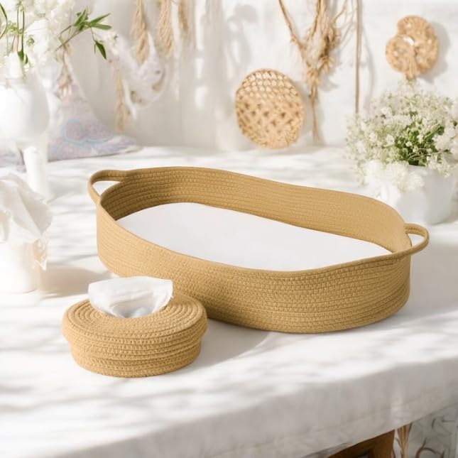 ECOADE Baby Changing Basket - Moses Basket Changing Table Topper and Thick Foam Pad with Removable Cotton Mattress Cover, 100% Cotton Boho Nursery Decor with Storage Bag