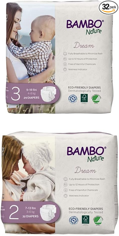 Bambo Nature Premium Eco-Friendly Baby Diapers, Size 3, 29 Count and Size 2, 32 Count