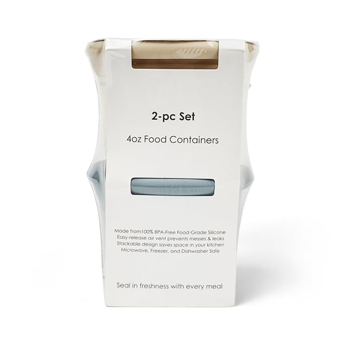 Ali+Oli Silicone Baby Food Containers (4oz) 2-pk Reusable Leakproof Snack Storage with Airtight Lids – Freezer & Microwave Safe for Infant and Kids Meals (Sky-Khaki)