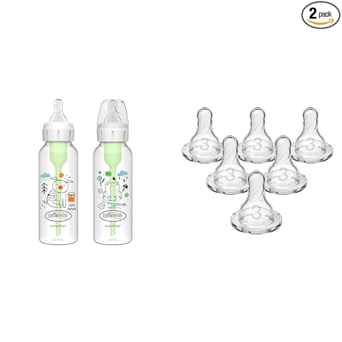 Dr. Brown's Natural Flow Anti-Colic Options+ Narrow Baby Bottle & Dr. Brown’s Natural Flow Level 3 Narrow Baby Bottle Silicone Nipple, Medium-Fast Flow, 6m+, 100% Silicone Bottle Nipple