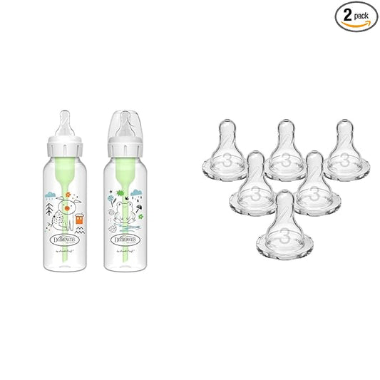 Dr. Brown's Natural Flow Anti-Colic Options+ Narrow Baby Bottle & Dr. Brown’s Natural Flow Level 3 Narrow Baby Bottle Silicone Nipple, Medium-Fast Flow, 6m+, 100% Silicone Bottle Nipple