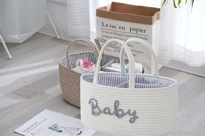 Diaper Caddy Organizer for Changing Table, Cotton Rope Baby Storage Basket for Diaper Wipes, Car Caddy Organizer, Nursery Diaper Organizer With Divider, Portable Diaper Storage -White