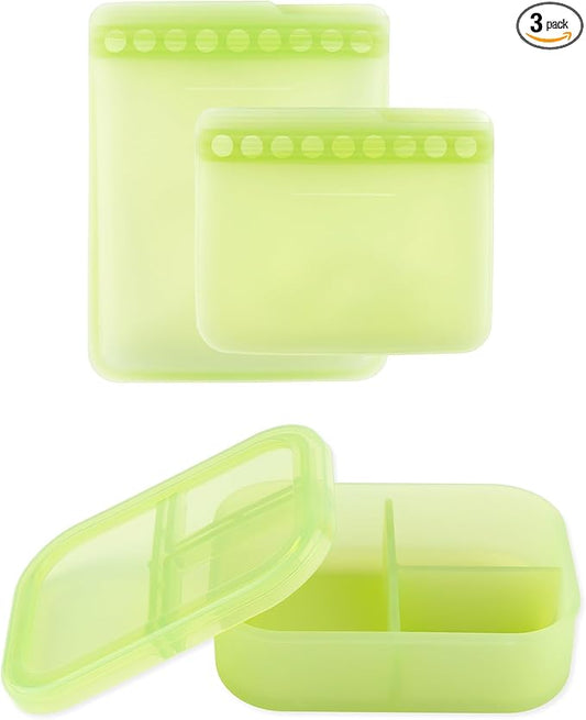 Bumkins - Silicone Bento Box & Reusable Snack Bag Set - 3 Sections & Leak-Proof Lid - Food Safe - 2 Zip Bags - Washable, Microwave, Freezer & Dishwasher Safe - 3 pack - Green