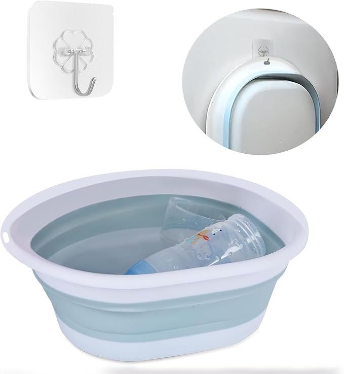 Baby Bottle Wash Basin, Bottle Washing Basin - Collapsible Wash Basin for Baby Bottles, Reusable Sink Basket for Baby Bottle Cleaning, Portable Bottle Tub for Home and Travel (with Hook)