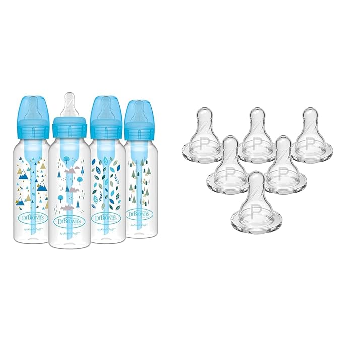 Dr. Brown's Natural Flow Anti-Colic Options+ Narrow Baby Bottles, Nature Designs, 8oz/250mL & Natural Flow Preemie Flow Narrow Baby Bottle Silicone Nipple, Slowest Flow, 0m+