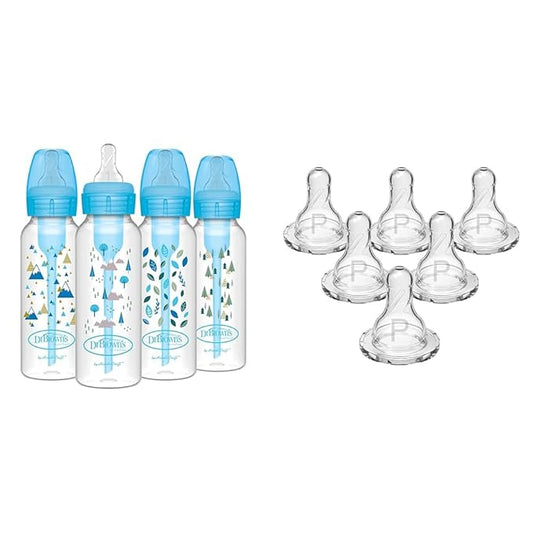 Dr. Brown's Natural Flow Anti-Colic Options+ Narrow Baby Bottles, Nature Designs, 8oz/250mL & Natural Flow Preemie Flow Narrow Baby Bottle Silicone Nipple, Slowest Flow, 0m+
