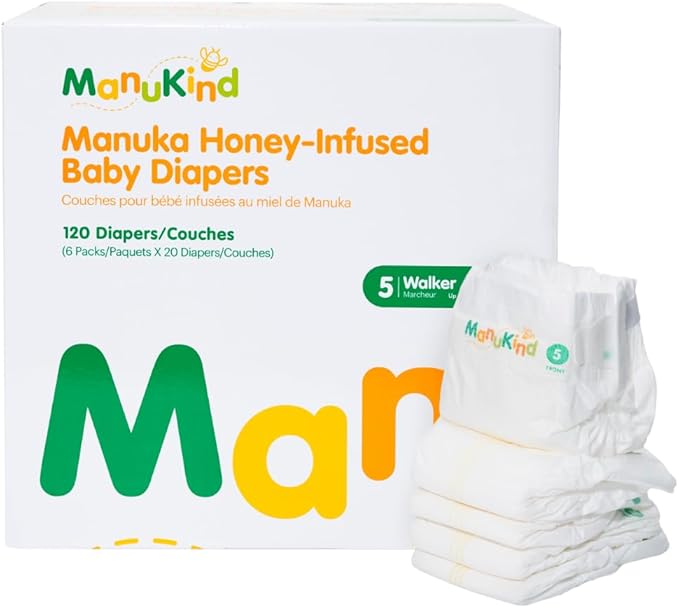 ManuKind Baby Diapers, Manuka Honey Infused, Ultra Soft, Plant-Based Materials, Quick-Dry Comfort, Leak Guard Protection, Size 5 – 120 Diapers (6 Packs of 20)