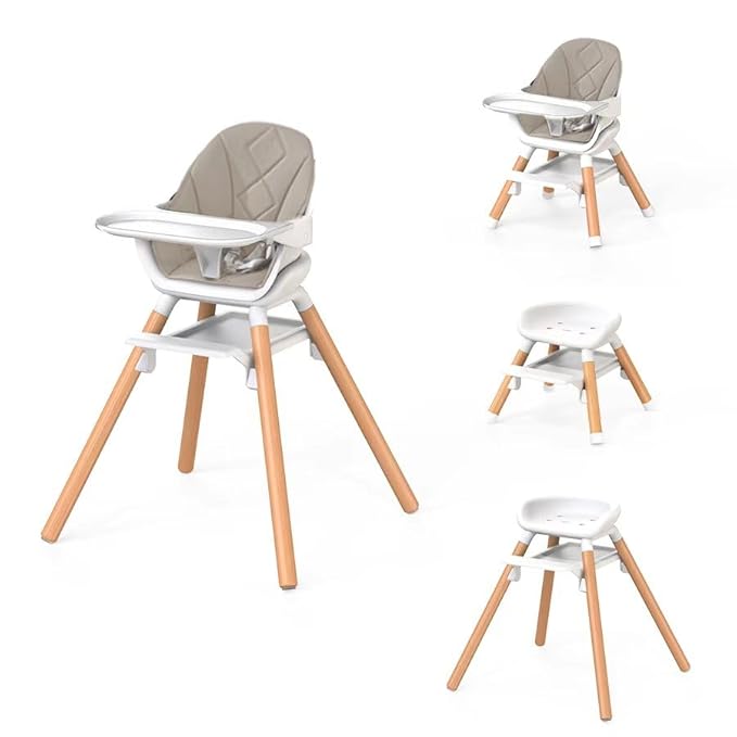 Baby High Chair, 6 in 1 Convertible High Chairs for Babies and Toddlers, Easy Clean Highchair with Removable Double Tray, 5-Point Harness, Reversible Footrest, Beech Wood Legs, Champagne