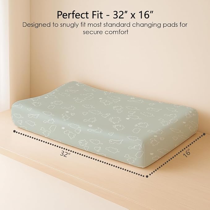 Changing Pad Cover for Baby Boys Girls 2 Pack, Fits Standard 32”×16” Changing Table Pads, Silky Breathable Stretch Knit, Machine Washable (Sage Dino)