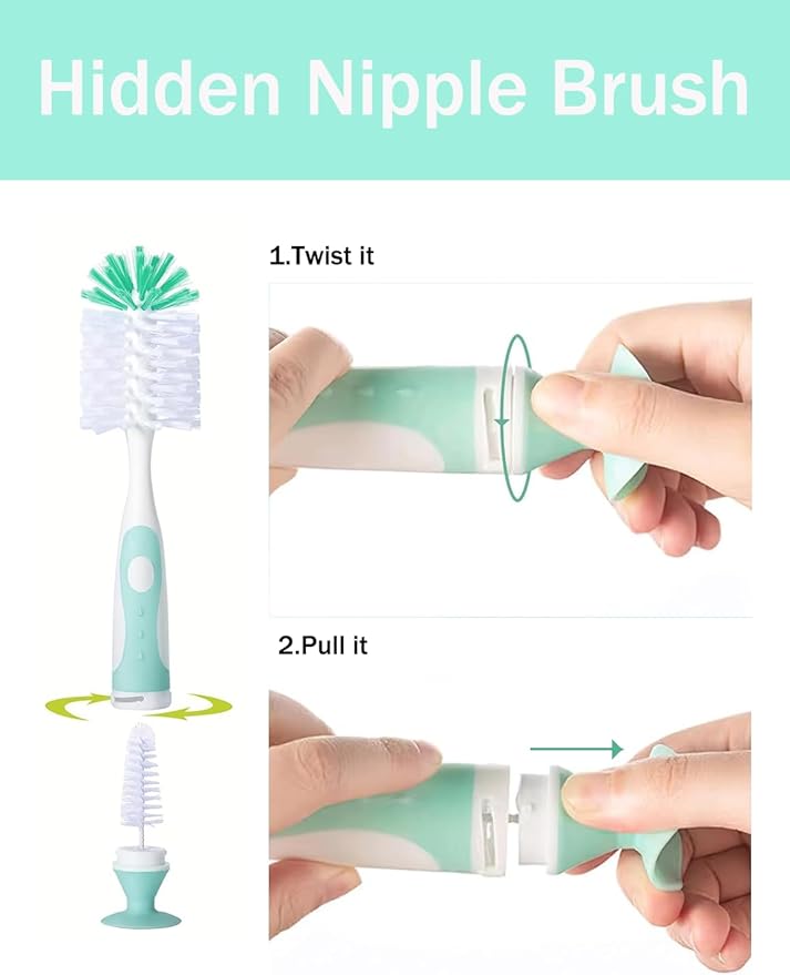 Baby Bottle Brush Set, 2Pcs Nylon Bottle Brush with Stand, 2 Hidden Nipple Brush, 2 Straw Brush, 1 Lid Brush, Bottles Brush Cleaner for Baby Bottle, BPA-Free(Green)