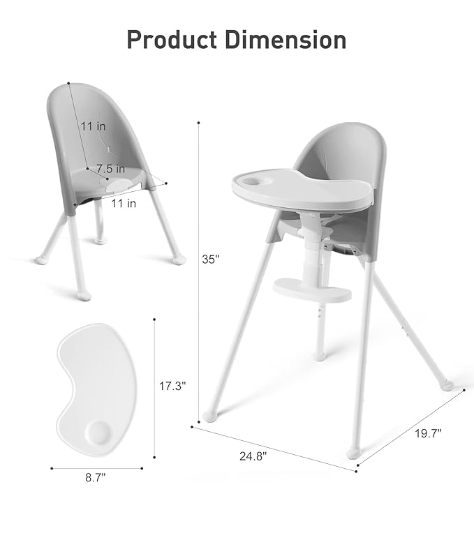 Mallify Foldable High Chair, Space-Saving Portable Baby High Chair with Removable Double Tray, Modern Convertible Baby Feeding Chair, Lightweight, Easy to Clean, Gray