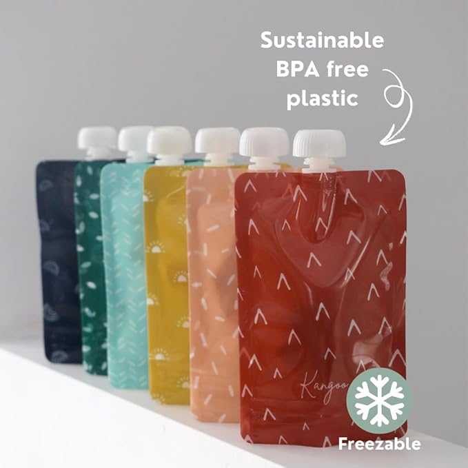 Reusable Baby Food Pouches - Storage Pouches for Toddlers & Kids - Applesauce, Smoothies, Yogurt, Puree Squeeze - BPA-Free Squeeze Pouch - Kangoo - 12 pack - Double Zipper | BOHO Designs