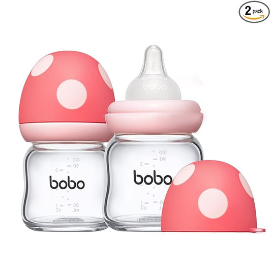 YOHKOH Natural Glass Baby Bottle with Level 2 Medium Flow Nipple, Newborn Anti-Colic Baby Bottles, Wide Neck Mushroom Baby Glass Bottle (3.4oz (Pack of 2), Red)