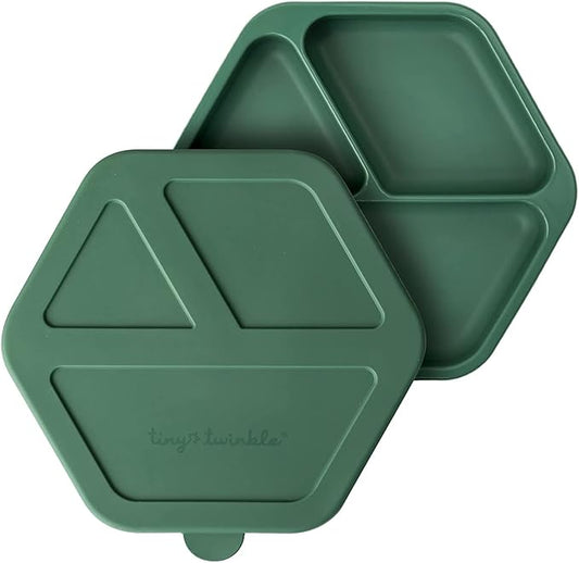 Tiny Twinkle Silicone Suction Baby Plate, Suction Grip Divided Dish for First Foods and Self-Feeding Toddlers, Baby Led Weaning Supplies for Independent Eating (Olive Plate with Lid)