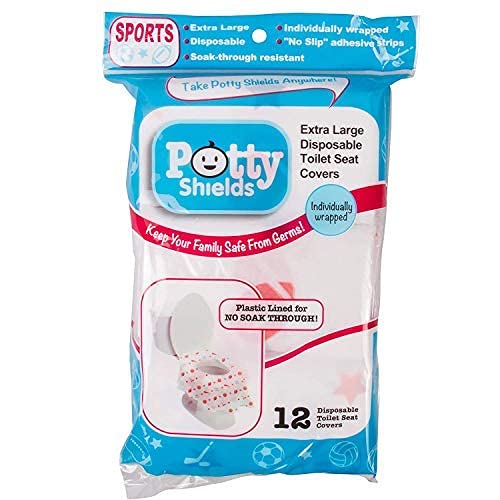 Potty Shields Toilet Seat Covers Disposable (12 Pack, Sports) - XL Waterproof Toilet Cover for Toddlers, Kids & Adults - Portable & Individually Wrapped for Travel, Potty Training & Public Restrooms