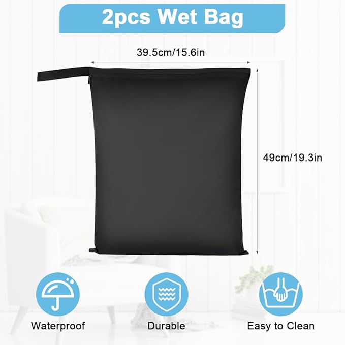 2PCS Wet Bags, Waterproof Travel Laundry Bag, Reusable Cloth Diaper Bags with Handle & Zipper, Washable Travel Tote Organizer Yoga Bag for Baby Items, Wet Swimsuits, Beach, Gym, Camping (Black)