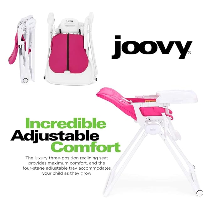 Joovy Nook NB High Chair Featuring Four-Position Adjustable Swing Open Tray, 3-Position Reclining Seat, and Front Wheels for Added Mobility - Folds Down Flat for Easy Storage, Pink Crush