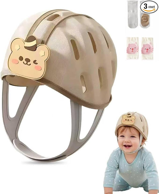 Baby Head Protection Helmet - Ultra-Light, Soft, Adjustable, Suitable for Babies 6-24 Months with Knee Pads & Non-Slip Socks Set