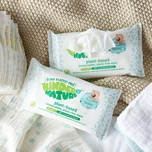 Kinder by Nature Plant Based Baby Wipes - 100% Biodegradable & Compostable, 224 Count (4 Packs of 56) - 99% Plant-Based Ingredients, Plastic-Free Wipes