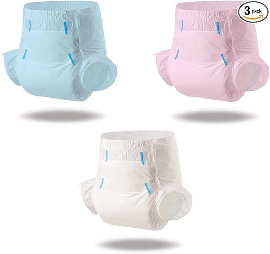 CutiePlusU Adult Diapers Heavy Absorption Dry Surface Disposable All Night-Blue,Pink,White 3 Pieces (Medium 28"-38")