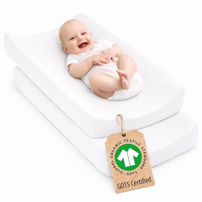 Plush Organic Changing Pad Covers Boy,Girl - GOTS 100% Certified Organic Cotton Changing Table Pad Cover, Baby Nursery Diaper Changing Pad Sheets,Table Contour Pads Liners (White + White)